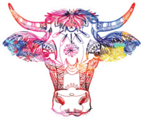 A Cow With Big Horns And Fluffy Ears Colorful Drawing Sticker