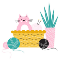 Cat Sitting In A Basket With Knitting Needles And Yarn Sticker