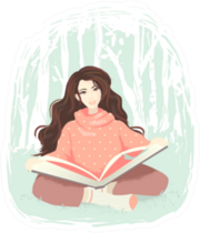 Illustration Of A Girl Reading A Big Book In The Woods Sticker