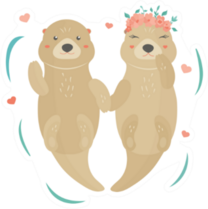 Image With A Lovely Otters, Boy And Girl In Floral Wreath Sticker